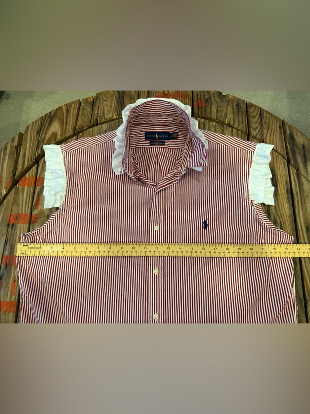 Upcycled Ralph Lauren Red & White Striped Sleeveless Shirt - Picture 5 of 5